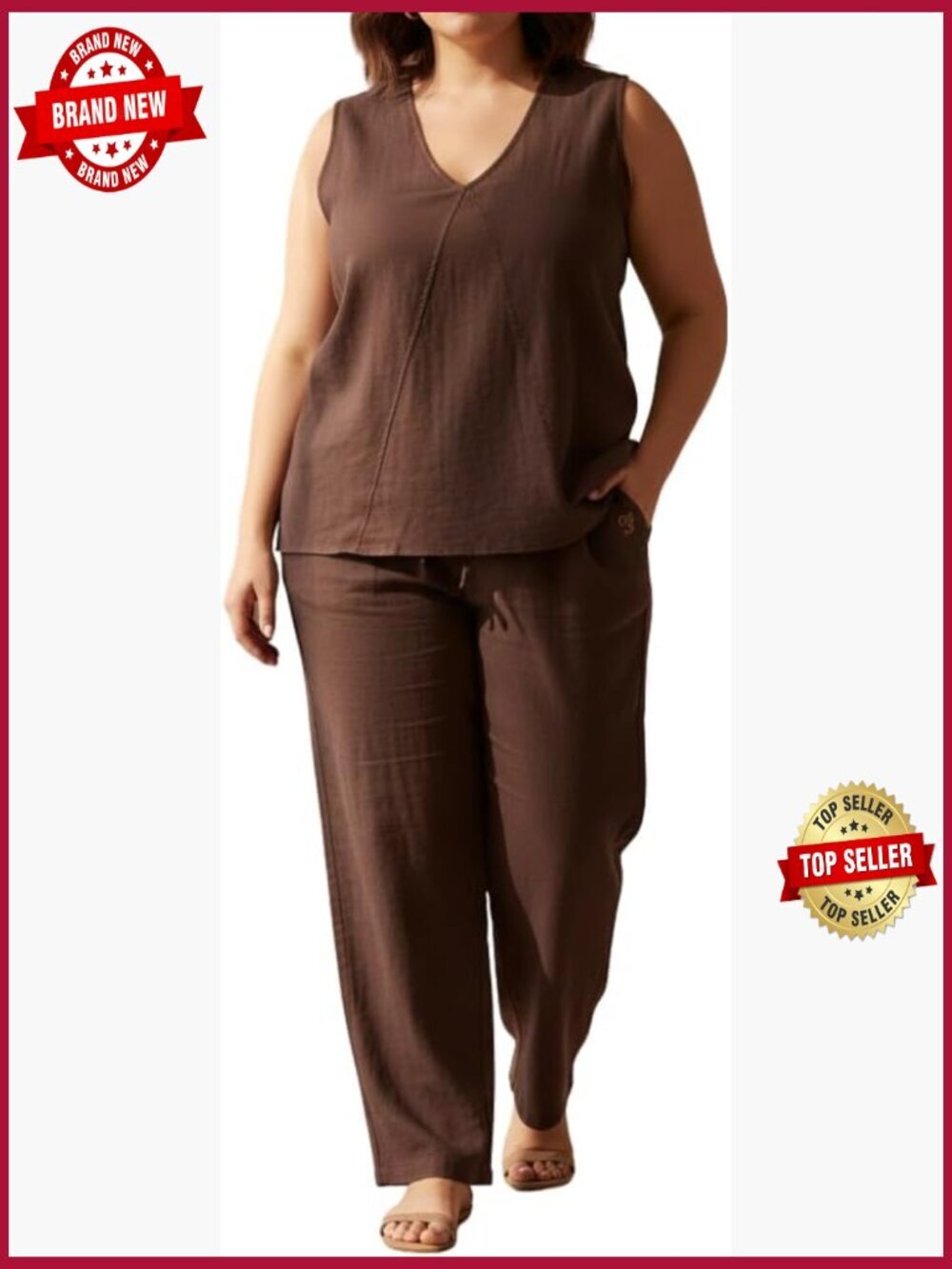 3 Piece 100% Cotton Lounge Set with Pockets, Sleeveless V-Neck Top, Pants &